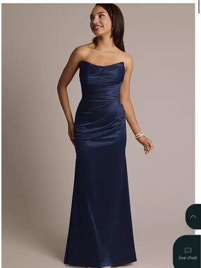 David's Bridal Strapless Navy Satin Gown